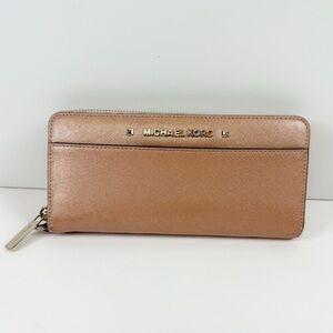 Michael Kors Wallet Womens Rose Gold Zip Around Saffiano Leather Organizer Purse